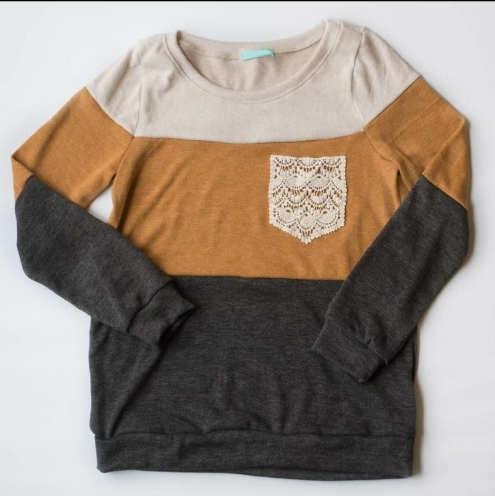 Color Block Women's Lightweight Sweater with Lace Pocket